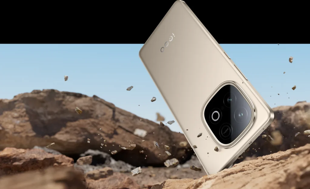 iQOO Neo 10, in Titanium Chrome, dropping onto rocks