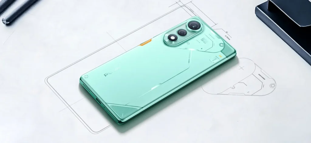 TECNO POVA CURVE 5G, in Neon Cyan, lying flat