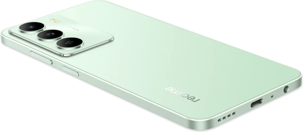 realme C73 5G, in Jade Green, lying on its back