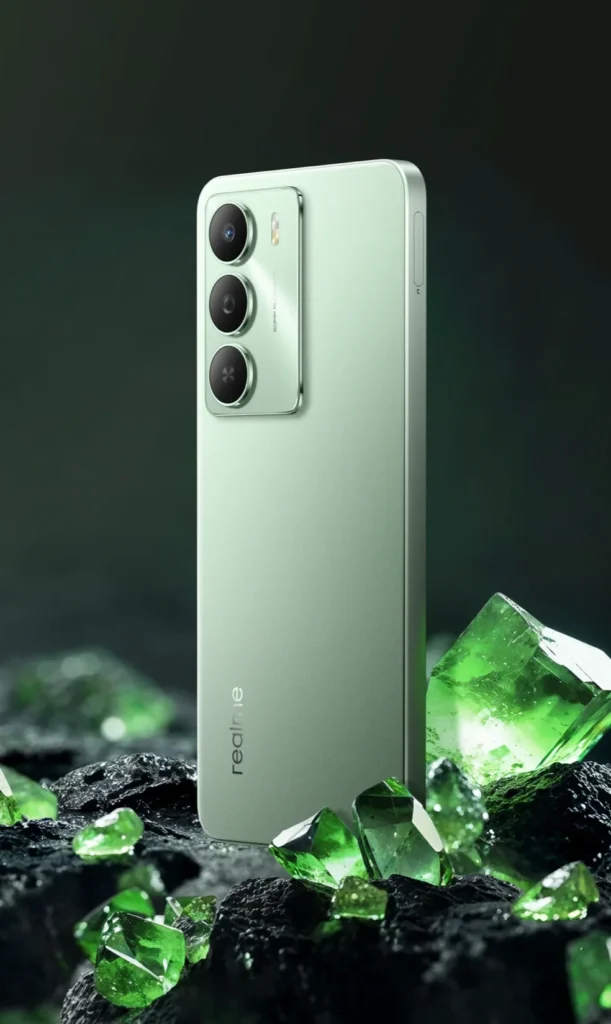 realme C73 5G, in Jade Green, among green crystals
