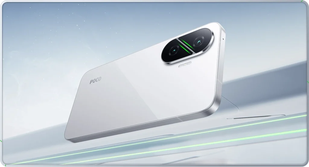 Poco F7, in Frost White, from the back