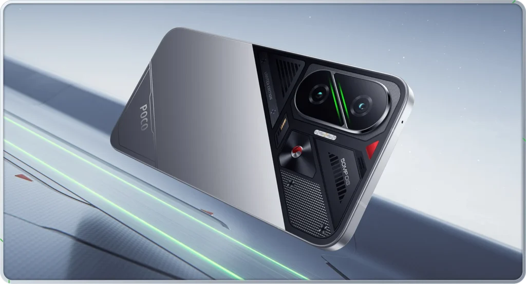 Poco F7, in Cyber Silver Edition, from the back