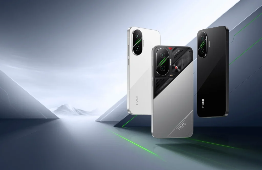 Poco F7, all three colours, standing