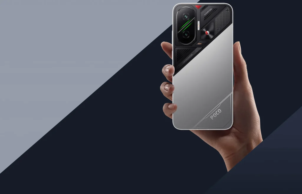Poco F7, in Cyber Silver Edition, held in one hand