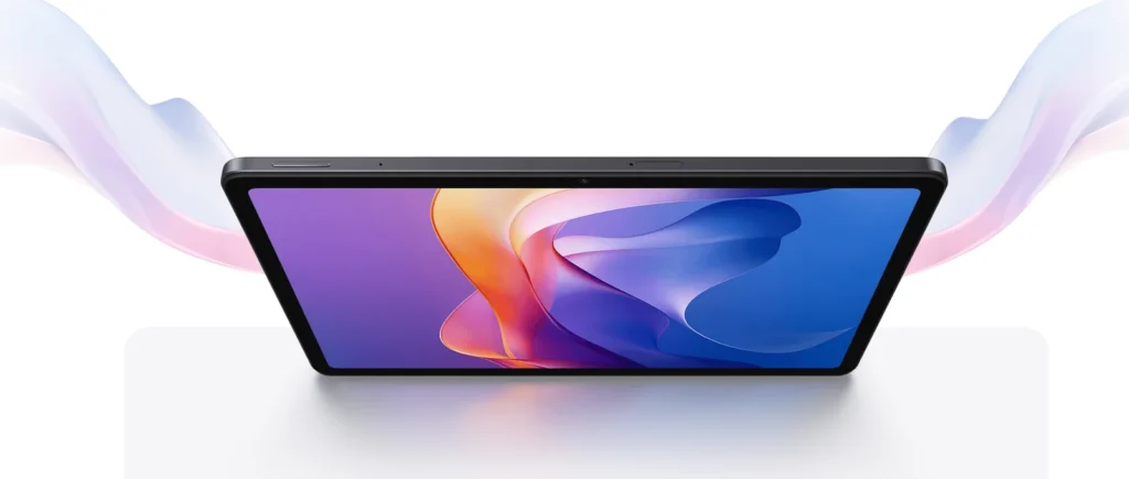 Xiaomi Redmi Pad 2, front at an angle over a pastel ribbon