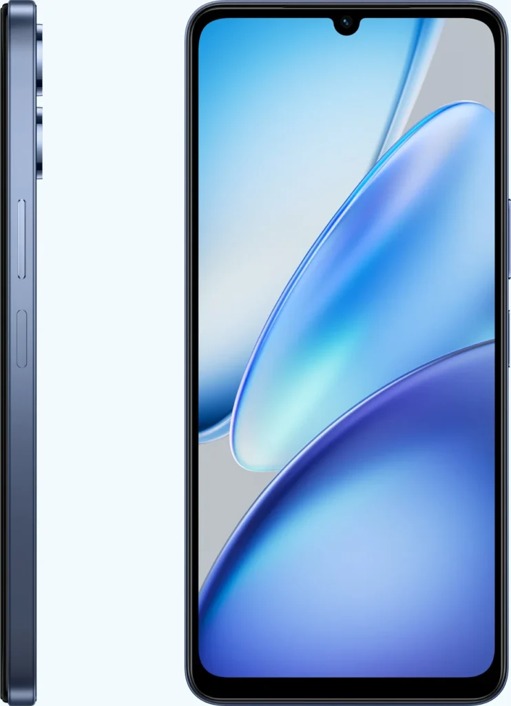 Vivo T4 Lite 5G, in Prism Blue, side and front