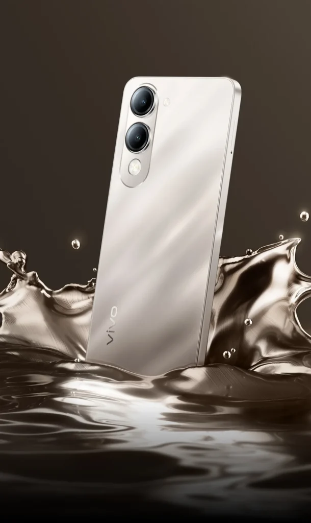 Vivo T4 Lite 5G, in Titanium Gold, standing in splashing liquid