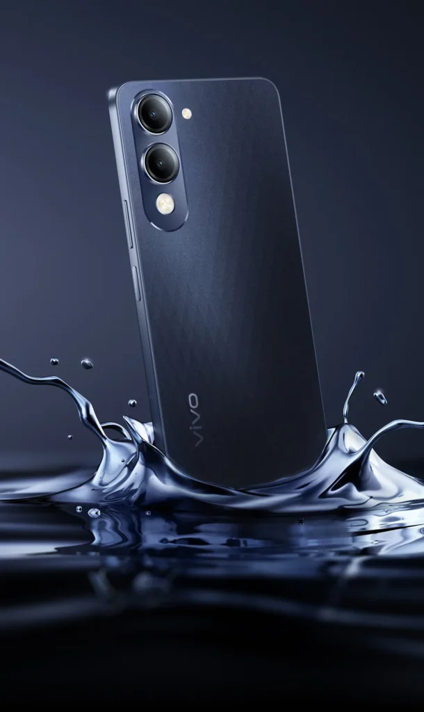 Vivo T4 Lite 5G, in Prism Blue, standing in splashing water