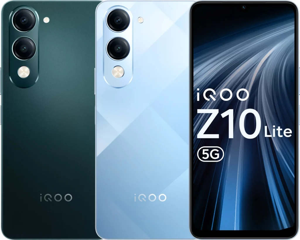 iQOO Z10 Lite 5G, in Cyber Green, rear panel perspective view