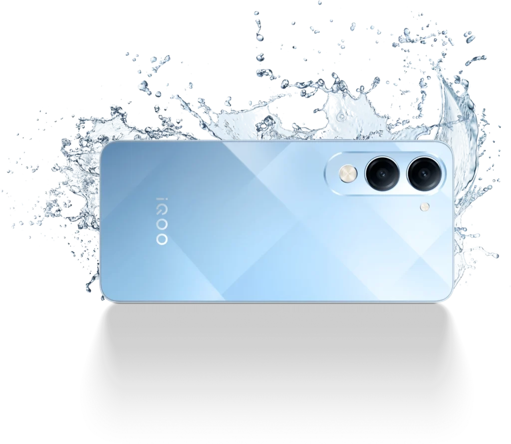iQOO Z10 Lite, in Titanium Blue, splashed with water