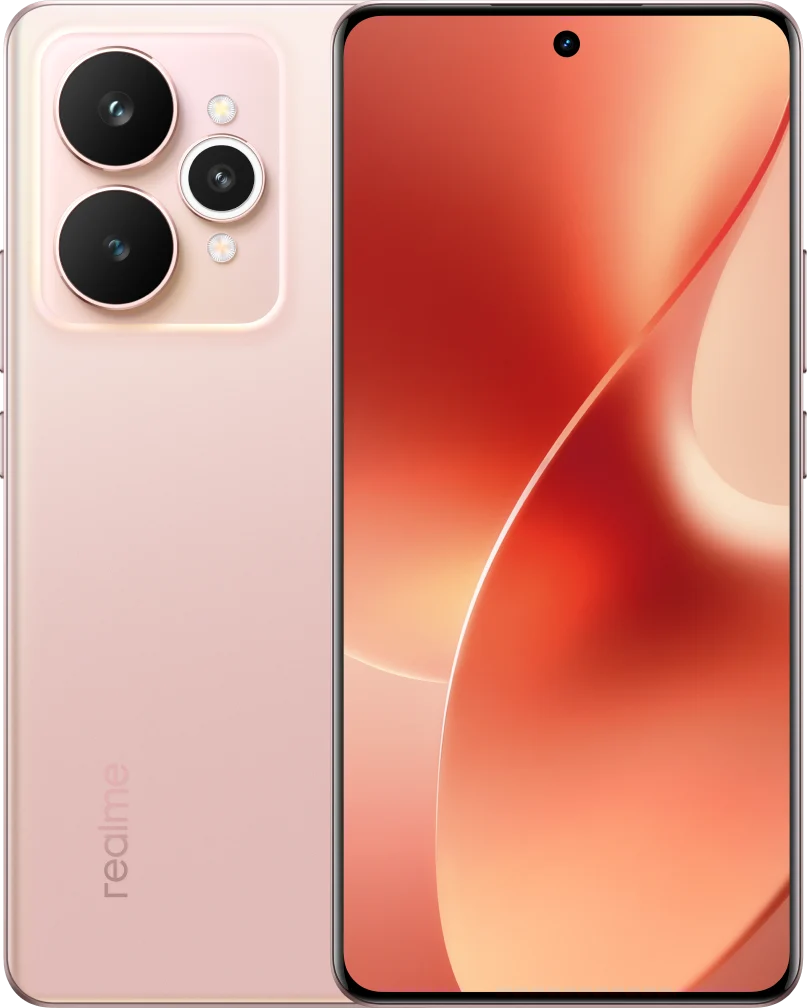 realme 15 5G, in Silk Pink, front and back