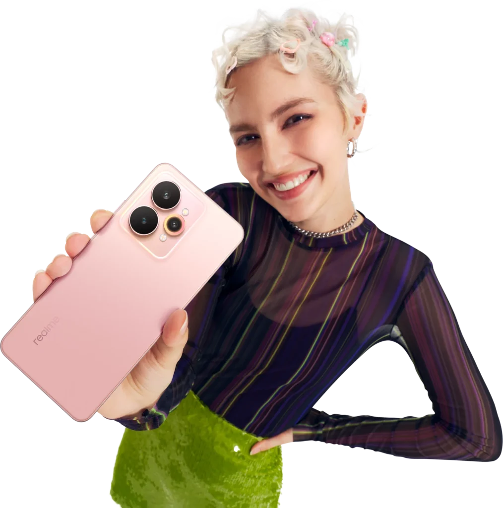 realme 15 5G, in Silk Pink, held up by a woman