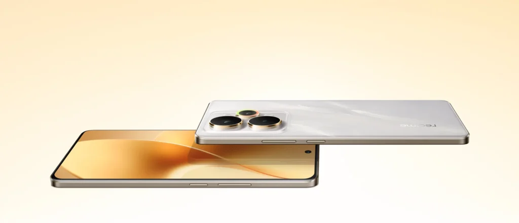 realme 15 Pro 5G, in Flowing Silver, lying on its back