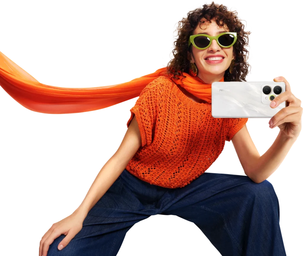 realme 15 Pro 5G, in Flowing Silver, held up by a woman