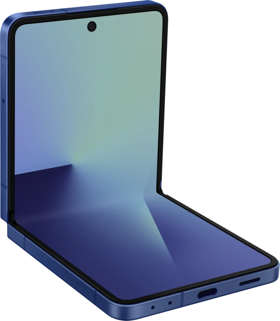 Samsung Galaxy Z Flip7, partially folded in Blue Shadow