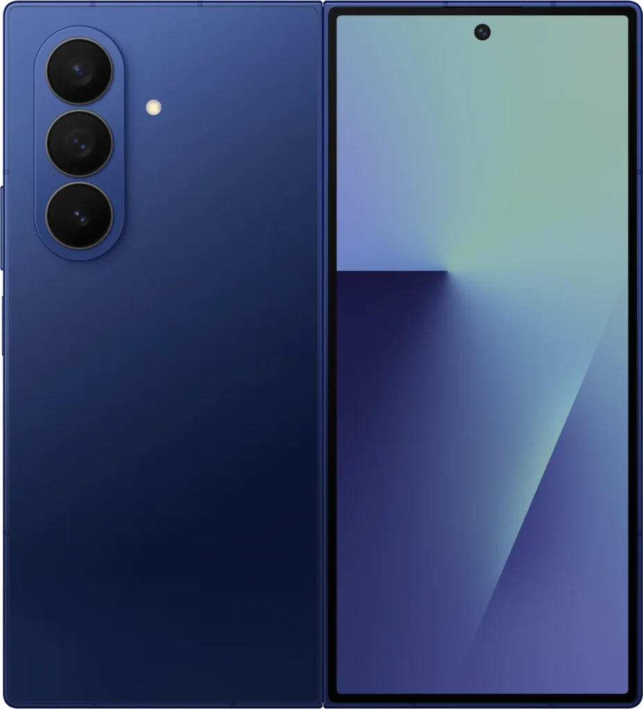 Samsung Galaxy Z Fold7, unfolded in Blue Shadow, rear view
