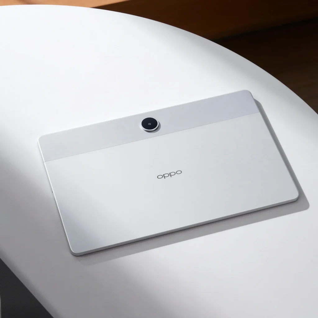 OPPO Pad SE, in Starlight Silver, from the back on a white surface