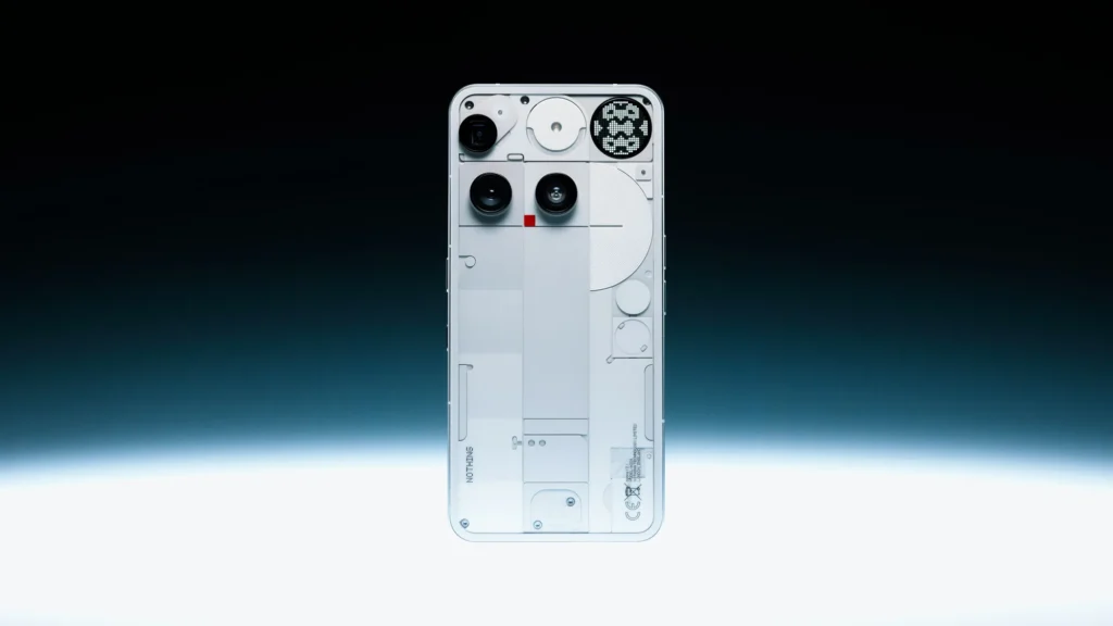 Nothing Phone (3), in White, showing the rear cameras and Glyph Matrix
