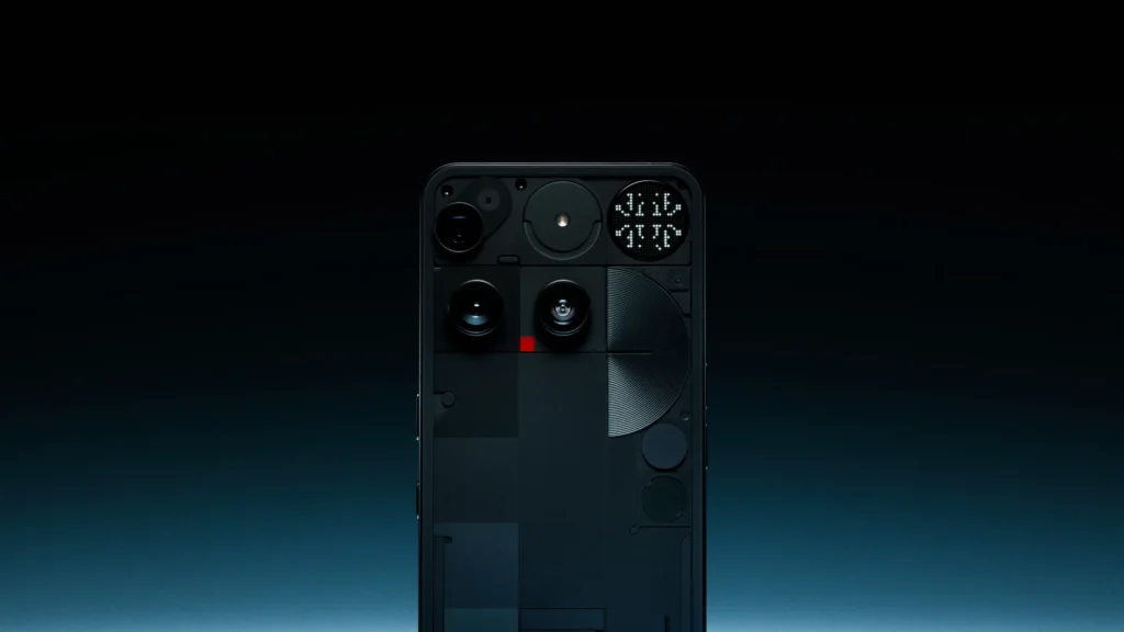 Nothing Phone (3), in Black, showing the rear cameras and Glyph Matrix