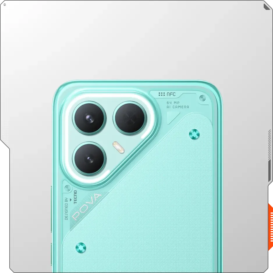 TECNO POVA 7 Pro, in Neon Cyan, the back up close