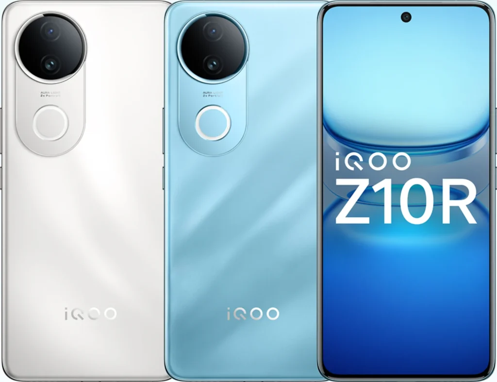 iQOO Z10R 5G, in Aquamarine, rear panel perspective view