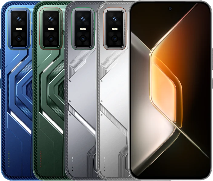 Infinix GT 30 5G+, in all three colours from the back, with the front