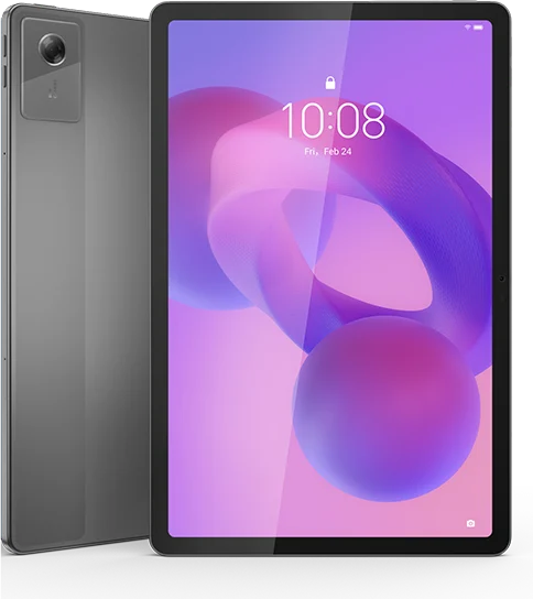 Lenovo Idea Tab, in Luna Grey, front and back, standing
