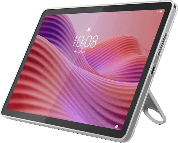 Lenovo Tab, in the clear case, propped on its kickstand