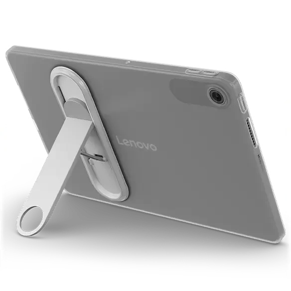 Lenovo Tab, in the clear case, from the back with the kickstand out