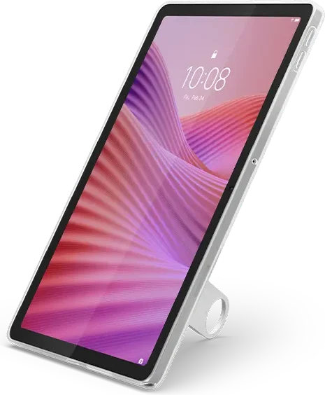 Lenovo Tab, in the clear case, standing upright