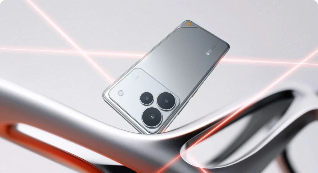 realme P4 5G, in Steel Grey, on a chrome backdrop