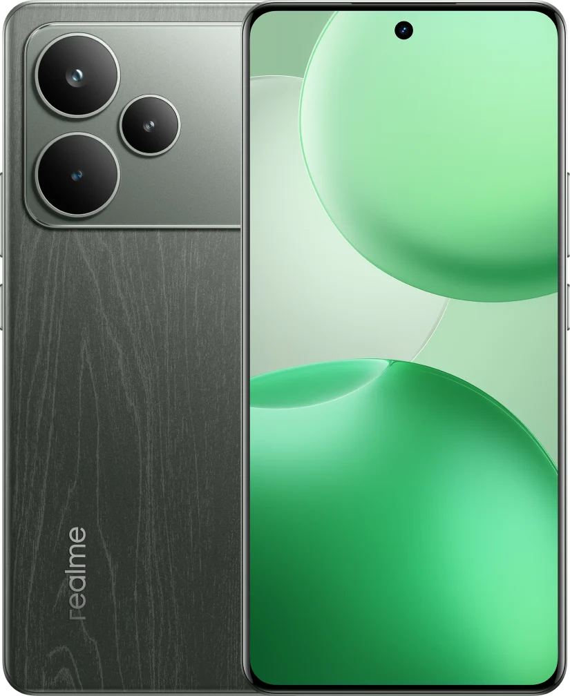 realme P4 Pro 5G, in Dark Oak Wood, front and back
