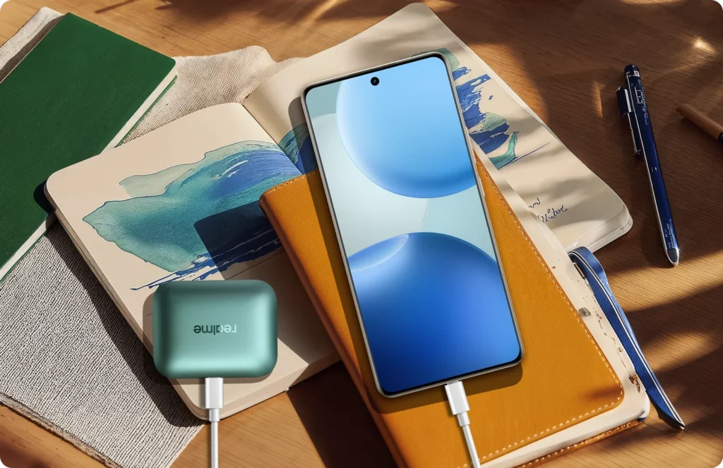 realme P4 Pro 5G, on a desk, charging earbuds