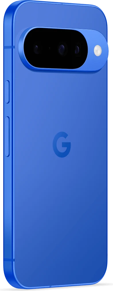 Google Pixel 10, in Indigo, angled rear view