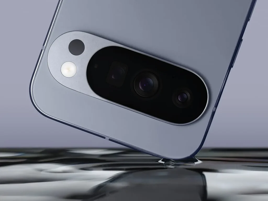 Google Pixel 10 Pro, in Moonstone, close-up of the camera bar