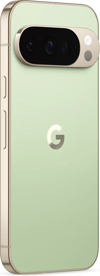 Google Pixel 10 Pro, in Jade, at an angle from the back