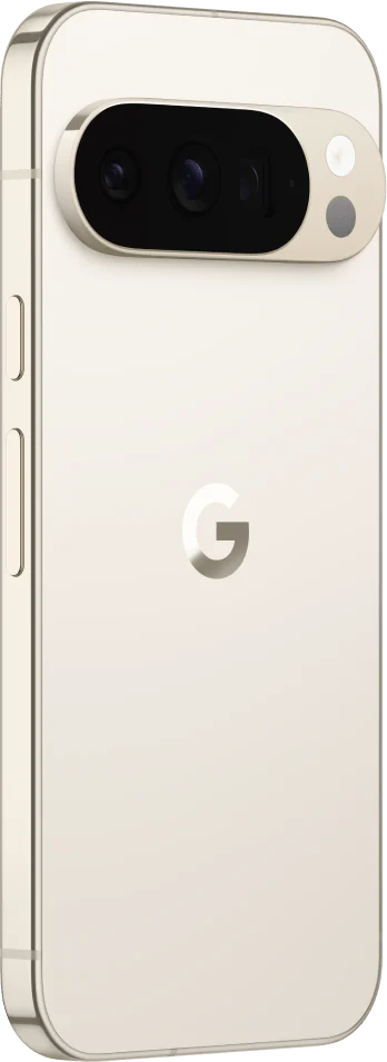 Google Pixel 10 Pro, in Porcelain, at an angle from the back