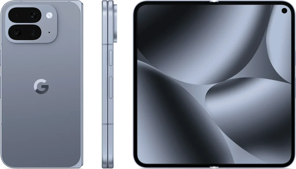 Google Pixel 10 Pro Fold, in Moonstone, back, side hinge, and unfolded inner screen