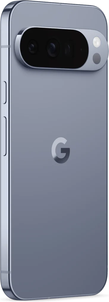 Google Pixel 10 Pro XL, in Moonstone, at an angle from the back