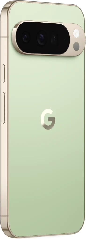 Google Pixel 10 Pro XL, in Jade, at an angle from the back