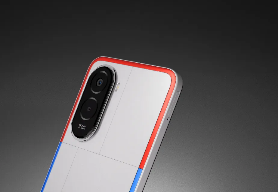 POCO M7 Plus, in Chrome Silver, at an angle from the back