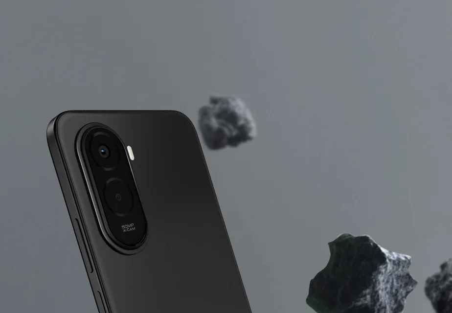 POCO M7 Plus, in Carbon Black, at an angle from the back