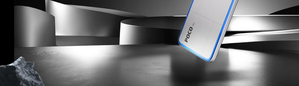POCO M7 Plus, in Chrome Silver, tilted on a curved stage