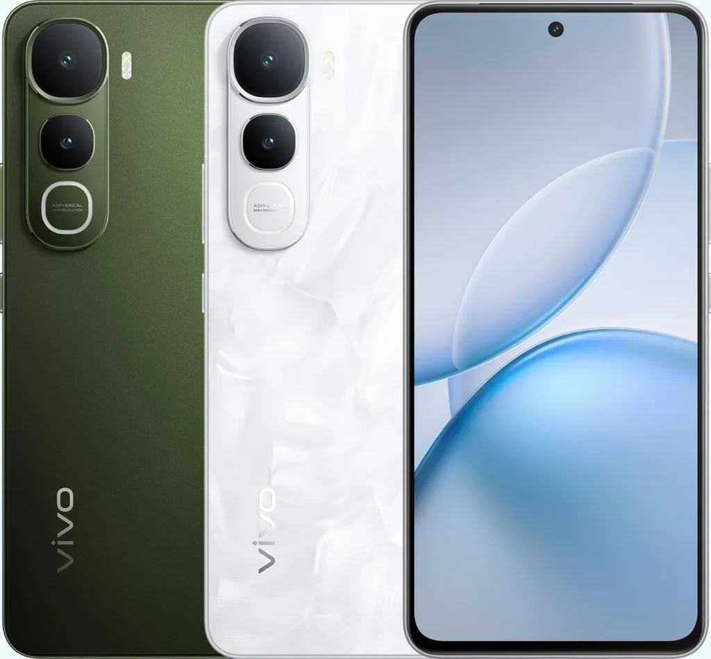 Vivo Y400 5G, in Olive Green and Glam White, backs and front