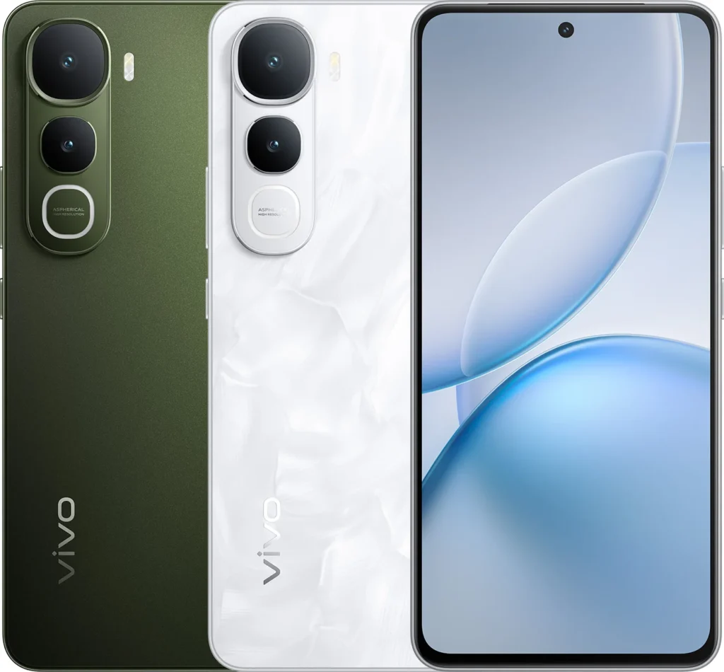 Vivo Y400 5G, front and rear view in Glam White