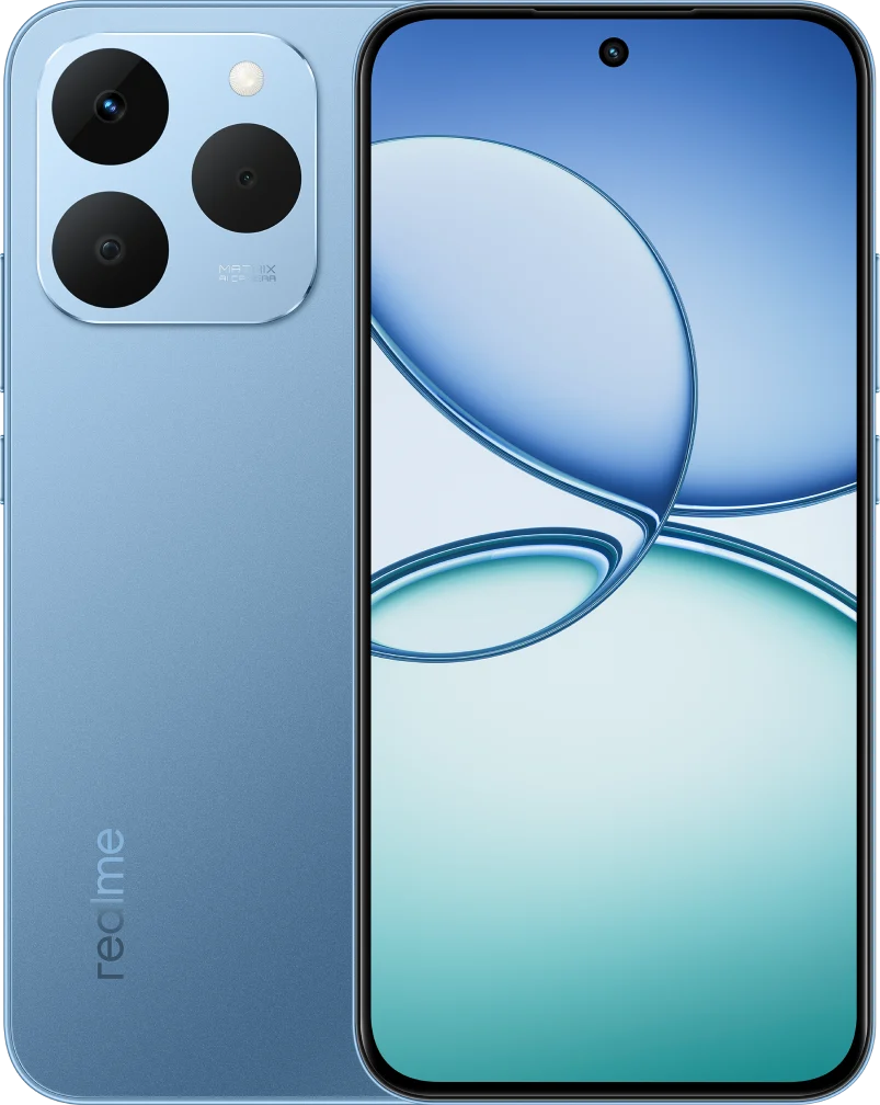 realme 15T 5G, in Silk Blue, front and back