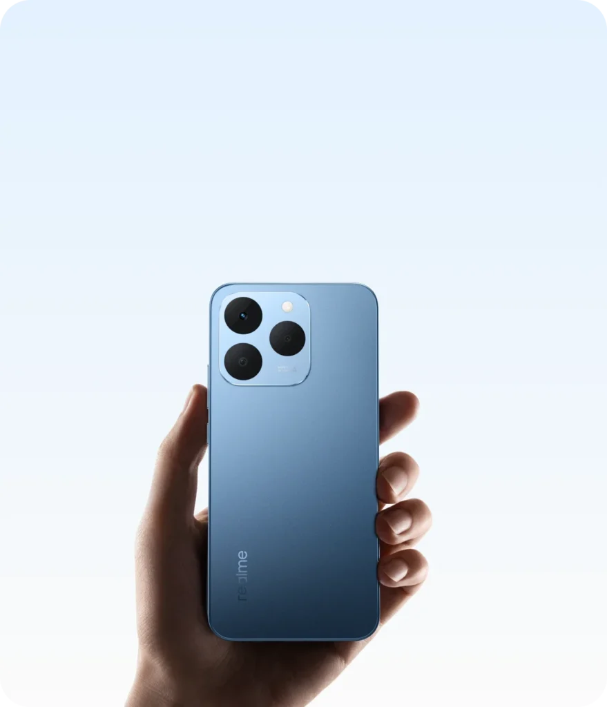 realme 15T 5G, in Silk Blue, held in hand