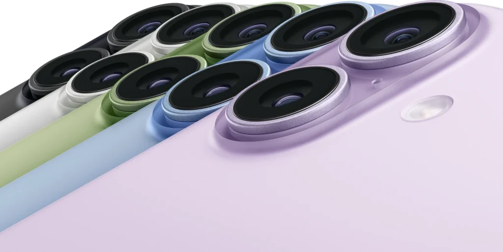 Apple iPhone 17, close-up of the dual-camera module across all five colours