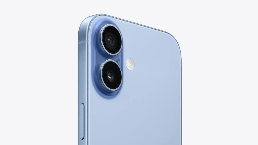 Apple iPhone 17, in Mist Blue, close-up of the dual rear cameras