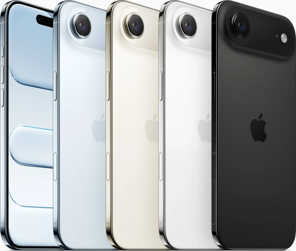 Apple iPhone Air, in Space Black, Cloud White, Light Gold and Sky Blue, from the back
